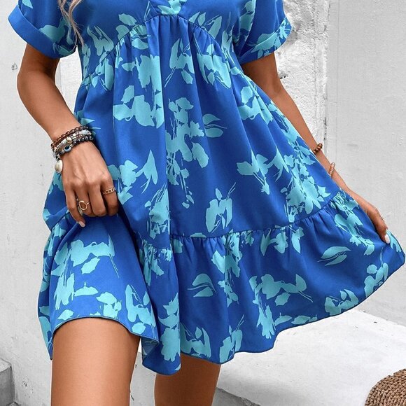 Blue Boho Women's Floral Print Batwing Sleeve Ruffle Hem Smock Dress - Picture 5 of 5